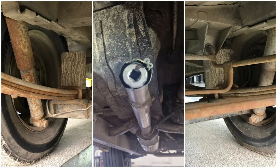 Trei fotografii prezintă partea inferioară a unor vehicule, incluzând roți, axe, suspensii și componente metalice ruginite.