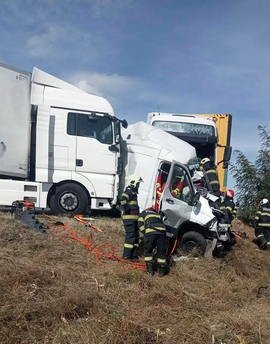 Pompieri în echipament de protecție portocaliu și negru lucrează lângă un microbuz alb și camioane albe pe un teren cu iarbă uscată.