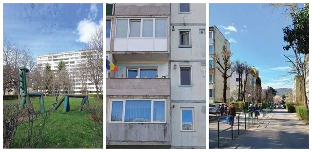 Imagine compusă din trei cadre prezentând un loc de joacă, o fațadă de bloc cu balcoane și un drum pietonal printre clădiri și copaci.