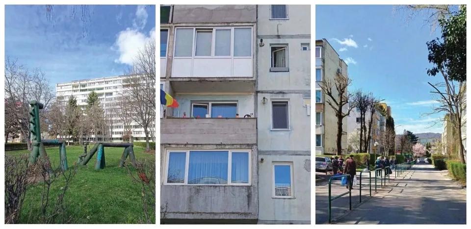 Imagine compusă din trei cadre prezentând un loc de joacă, o fațadă de bloc cu balcoane și un drum pietonal printre clădiri și copaci.