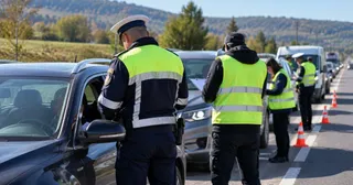 Polițiști în veste fluorescente de siguranță verifică mașini pe un drum asfaltat sub un cer senin, lângă convoiul de vehicule și conuri de circulație.