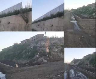 Un colaj de fotografii prezintă un zid de beton, un teren accidentat cu pământ și apă, stive de materiale de construcție și un taluz de pământ.