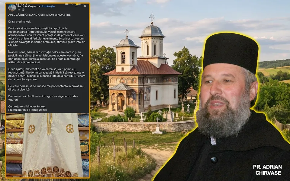 Un bărbat cu barbă și pălărie neagră stă în prim-plan, având în fundal o biserică de lemn și un text suprapus pe partea stângă.