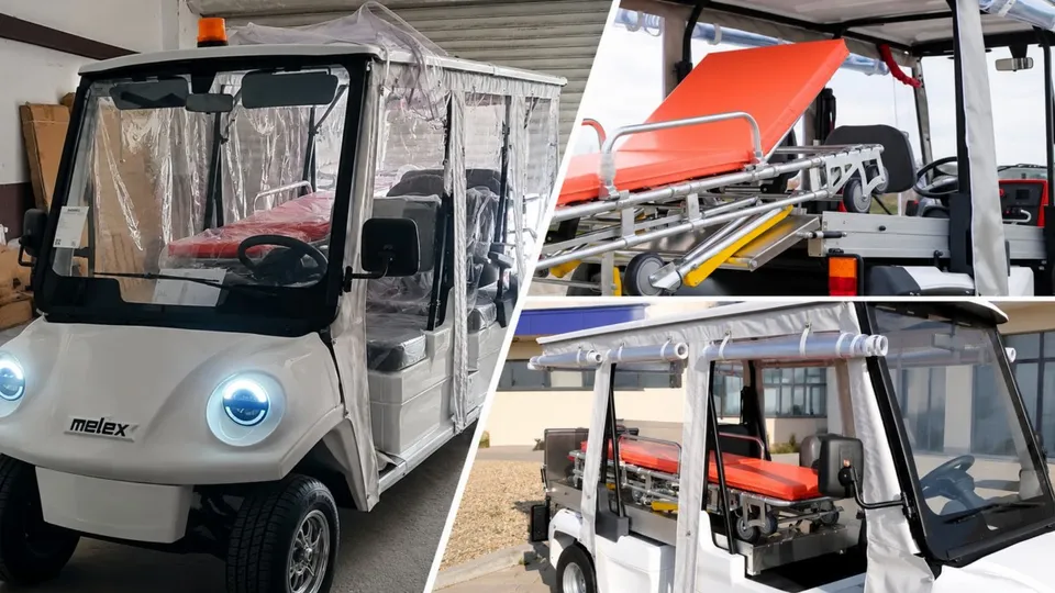 Un vehicul electric alb cu acoperiș și protecții transparente transportă o targă portocalie pe un suport metalic.