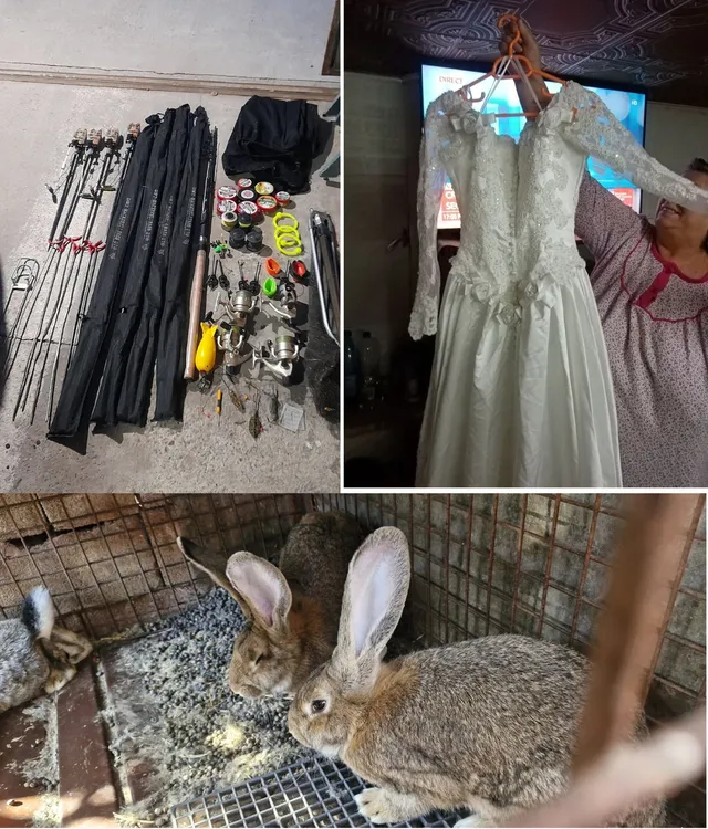 Un colaj format dintr-o serie de cortine de pescuit, o rochie albă de mireasă și doi iepuri într-o cușcă metalică.