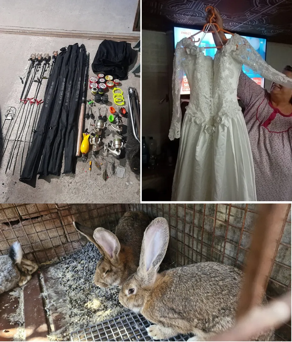 Un colaj format dintr-o serie de cortine de pescuit, o rochie albă de mireasă și doi iepuri într-o cușcă metalică.