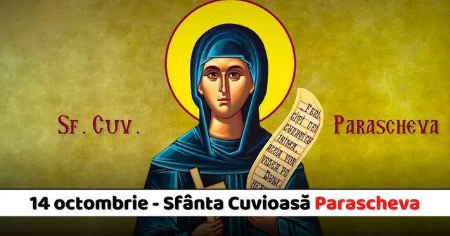 O pictură religioasă reprezintă o femeie cu voal albastru, aură galbenă și un pergament scris în mână, pe un fundal galben.