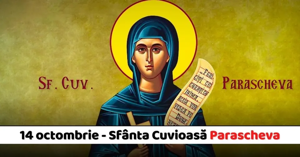O pictură religioasă reprezintă o femeie cu voal albastru, aură galbenă și un pergament scris în mână, pe un fundal galben.