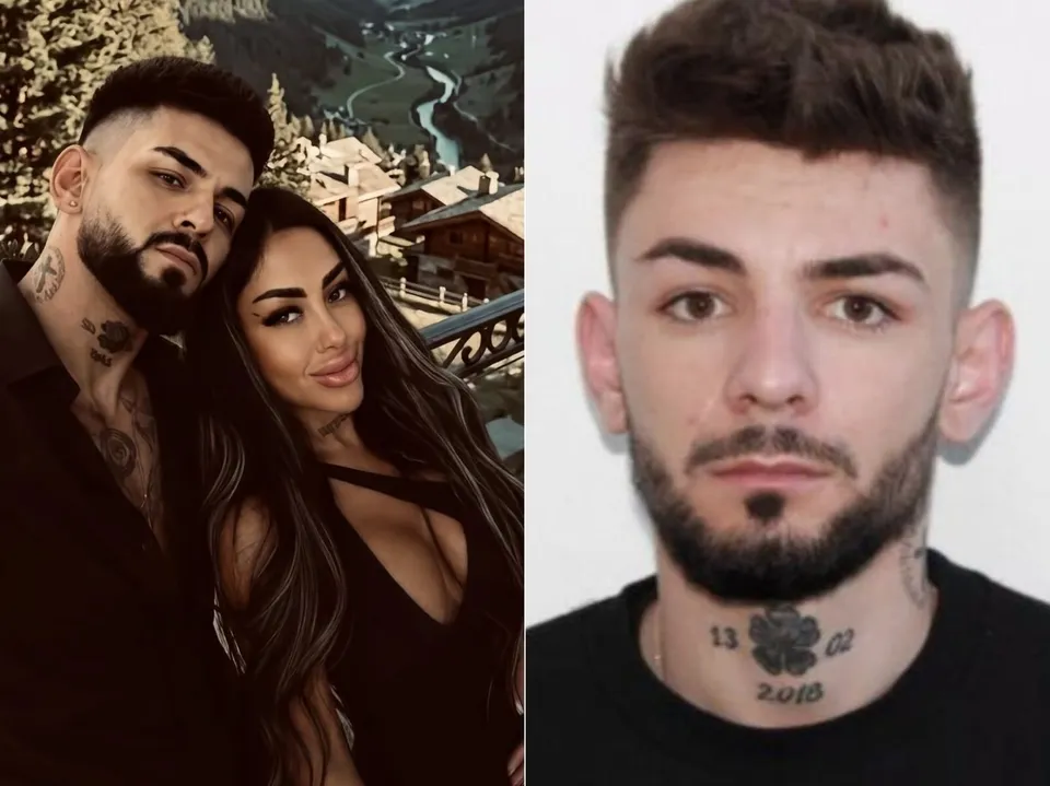 Un bărbat cu barbă și tatuaje pe gât este prezentat într-o fotografie de tip portret și alături de o femeie într-un cadru exterior.