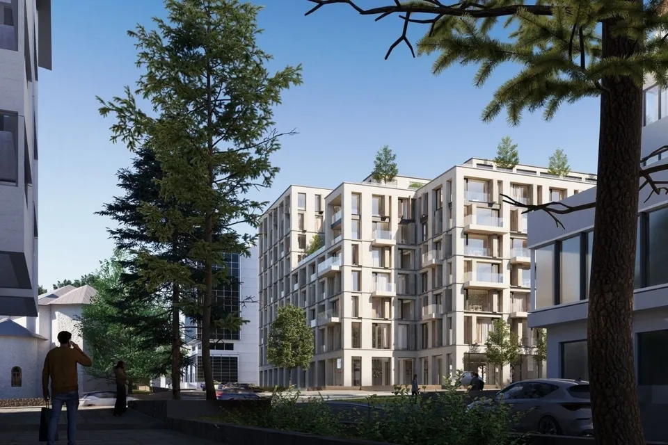 O perspectivă arhitecturală a unor clădiri moderne de locuințe cu balconuri, înconjurate de arbori, trotuare și mașini parcate.