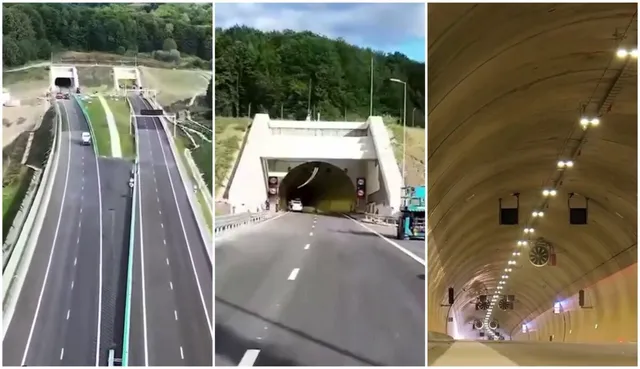 Trei imagini prezintă o autostradă cu benzi marcate, o intrare într-un tunel de beton și interiorul unui tunel iluminat cu lumini suspendate.