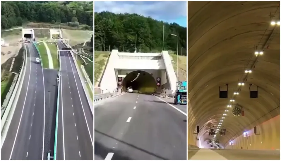 Trei imagini prezintă o autostradă cu benzi marcate, o intrare într-un tunel de beton și interiorul unui tunel iluminat cu lumini suspendate.