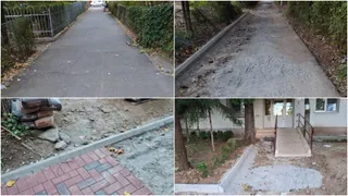 Un colaj de patru fotografii prezintă un trotuar asfaltat, un drum de pământ, pavaj nou instalat și o rampă de acces lângă o clădire.