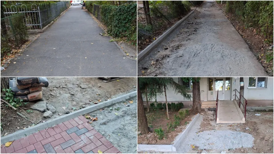 Un colaj de patru fotografii prezintă un trotuar asfaltat, un drum de pământ, pavaj nou instalat și o rampă de acces lângă o clădire.