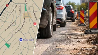 Mașini sunt parcate într-un rând pe un drum de pământ lângă conete de semnalizare de culoare roșu și galben.