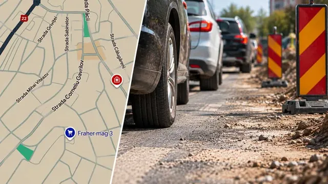 Mașini sunt parcate într-un rând pe un drum de pământ lângă conete de semnalizare de culoare roșu și galben.