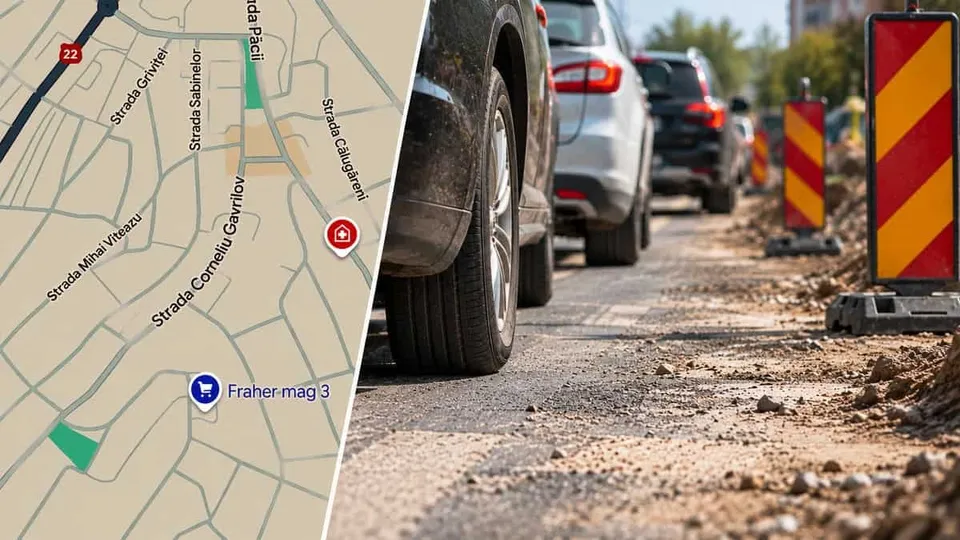 Mașini sunt parcate într-un rând pe un drum de pământ lângă conete de semnalizare de culoare roșu și galben.
