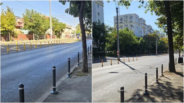 Două fotografii prezintă stâlpișori metalici negri cu capete albe instalați pe marginea trotuarelor de lângă drumul asfaltat și copaci.