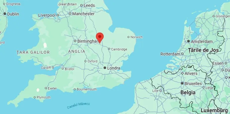 O hartă a Europei de Vest arată regiuni din Anglia, Belgia și Țările de Jos cu un indicator roșu poziționat în estul Angliei.