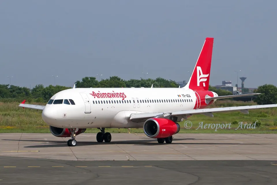 Un avion alb cu accente roșii și inscripția Animawings taxiind pe o pistă de asfalt sub un cer senin.