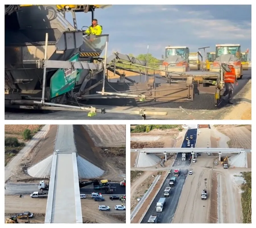 Imagine compusă cu utilaje de construcții pe un drum și o vedere aeriană a unei porțiuni de autostradă cu un viaduct și mașini.