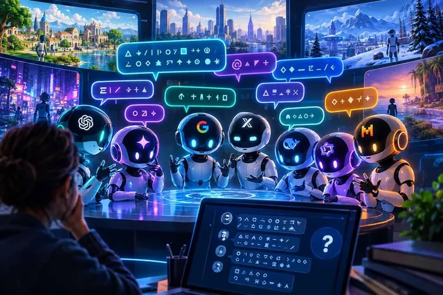 O persoană privește un grup de mici roboți cu fețe luminoase așezați la o masă, deasupra cărora plutesc diverse ferestre digitale cu simboluri grafice.