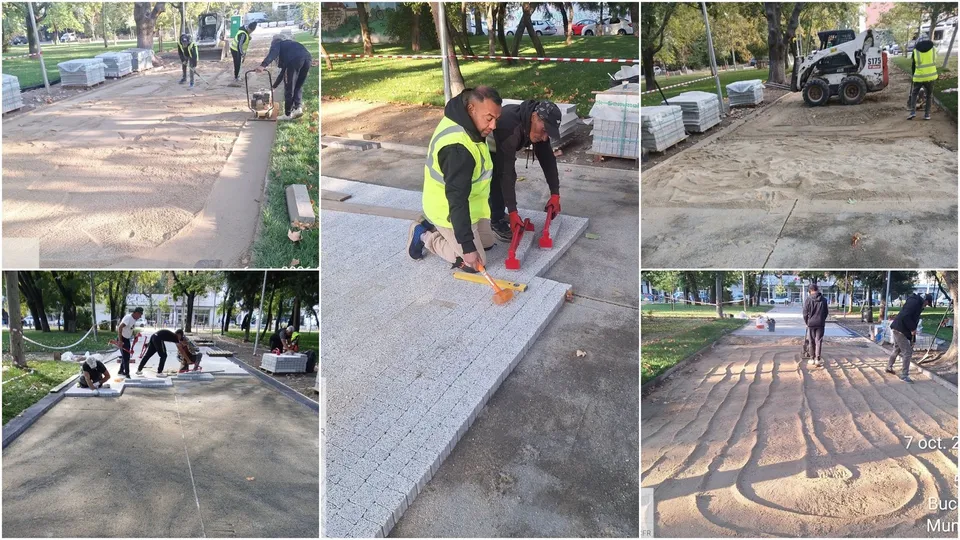 Mai mulți muncitori poartă veste reflectorizante și lucrează la instalarea pavajelor pe o suprafață de beton într-un spațiu exterior.
