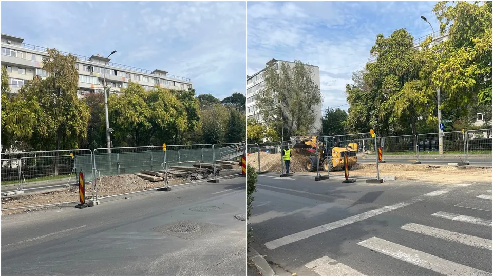 Două fotografii de tip diptich prezintă un șantier stradal cu garduri metalice, utilaje galbene și un om de serviciu purtând vestă reflectorizantă.