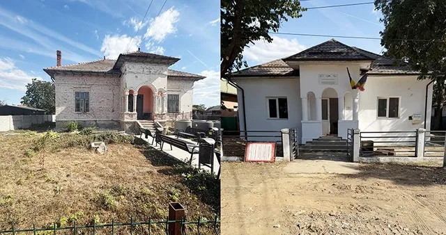 Două fotografii prezintă o clădire cu fațadă de cărămidă și una cu fațadă albă, având un pridvor central și ferestre dreptunghiulare.