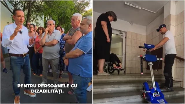 Un bărbat în cămașă albă vorbește în fața unui grup de oameni, în timp ce un alt bărbat manipulează un dispozitiv albastru lângă niște trepte.
