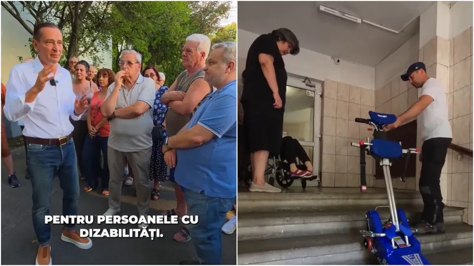 Un bărbat în cămașă albă vorbește în fața unui grup de oameni, în timp ce un alt bărbat manipulează un dispozitiv albastru lângă niște trepte.