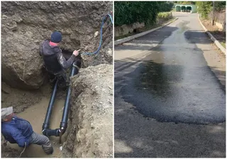 Două fotografii suprapuse arată un bărbat într-un șanț lângă conducte negre și o porțiune de drum asfaltat acoperită de apă.