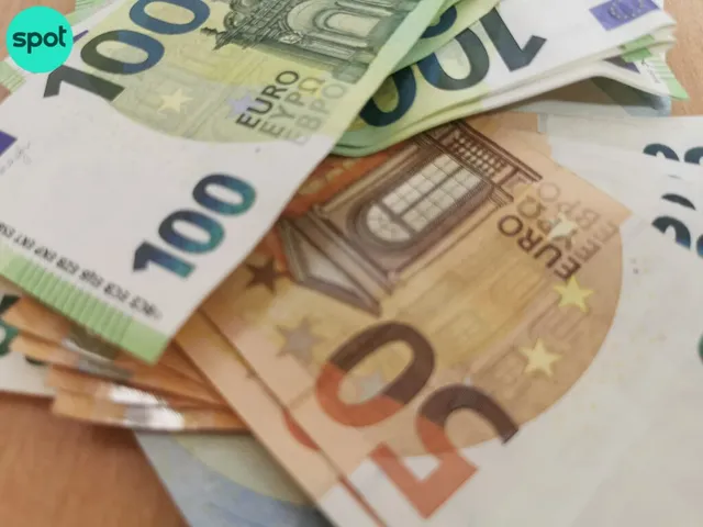Mai multe bancnote de euro de valori diferite sunt întinse pe o suprafață plană.
