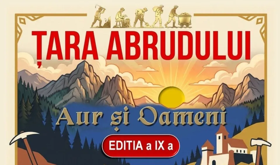 Un afiș ilustrat cu munți, păduri de conifere, un soare galben, siluete de mineri și textul roșu și albastru pe un fundal de culori calde.