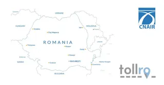 O hartă a României cu denumiri de orașe și țări vecine, alături de logoul CNAIR și textul tollro pe un fundal alb.