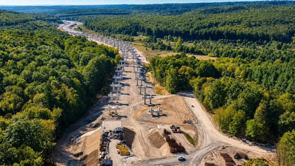 O vedere aeriană prezintă o secțiune de autostradă în construcție cu piloni de beton și drumuri de acces prin pădure.