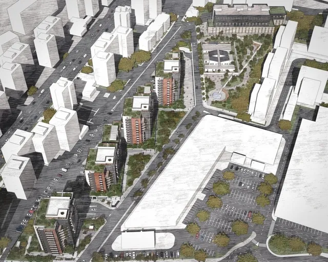 Plan arhitectural de tip axonometrie care prezintă clădiri înalte, spații verzi și drumuri într-o zonă urbană densă.