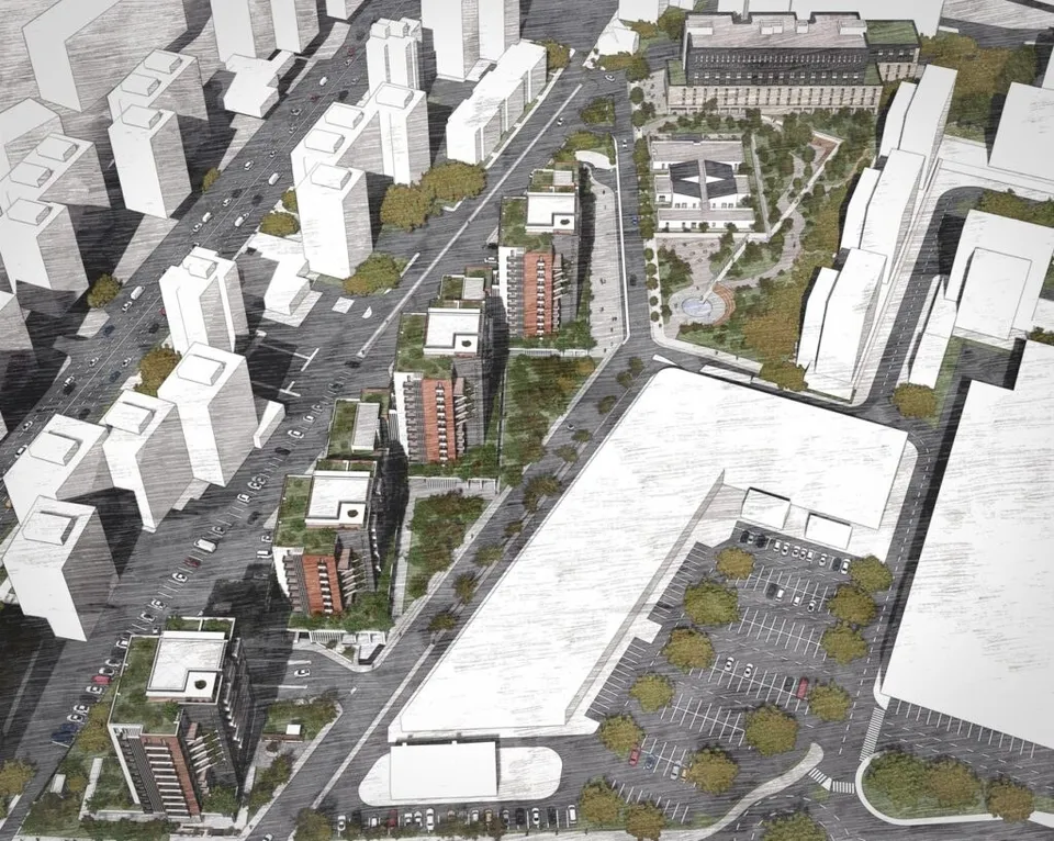 Plan arhitectural de tip axonometrie care prezintă clădiri înalte, spații verzi și drumuri într-o zonă urbană densă.