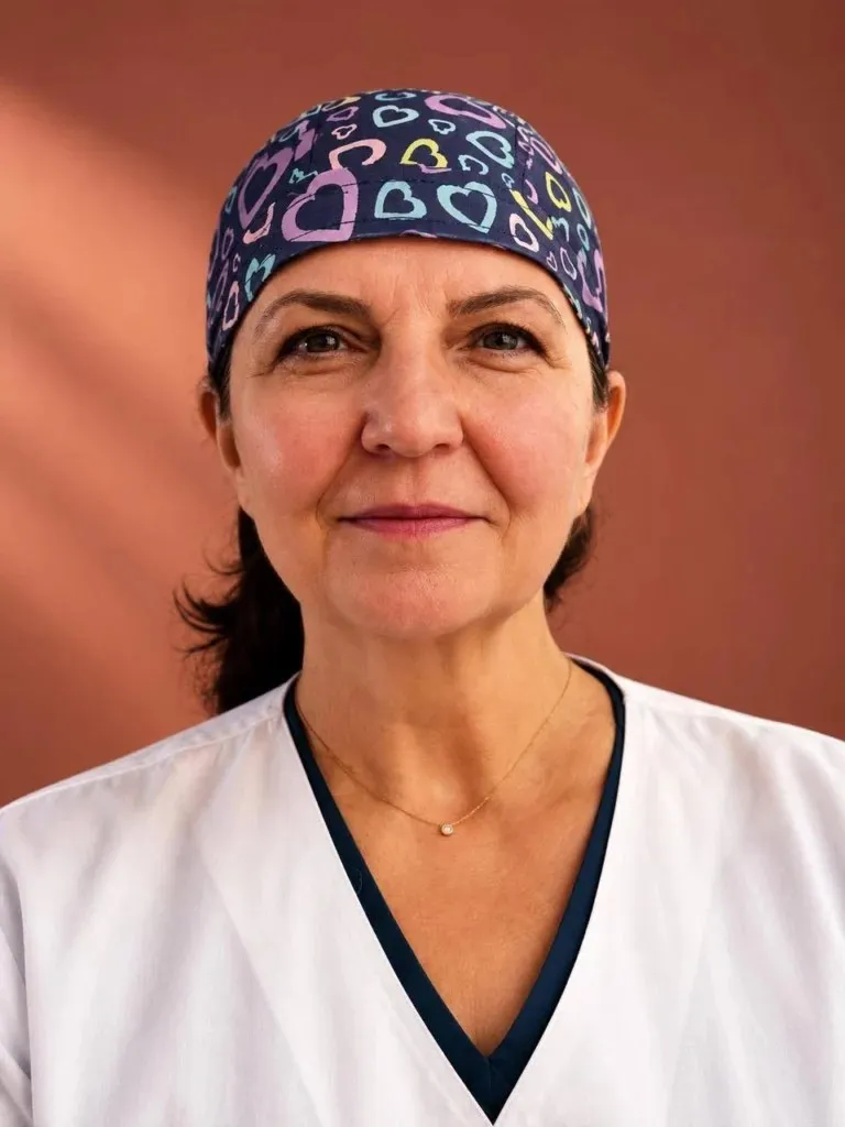 O femeie cu părul închis la culoare poartă o căciulă medicală colorată și un halat alb cu guler în formă de V.