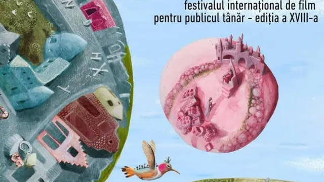 O ilustrație stilizată prezintă două planete rotunde cu clădiri colorate și o pasăre zburând pe un fundal albastru deschis.