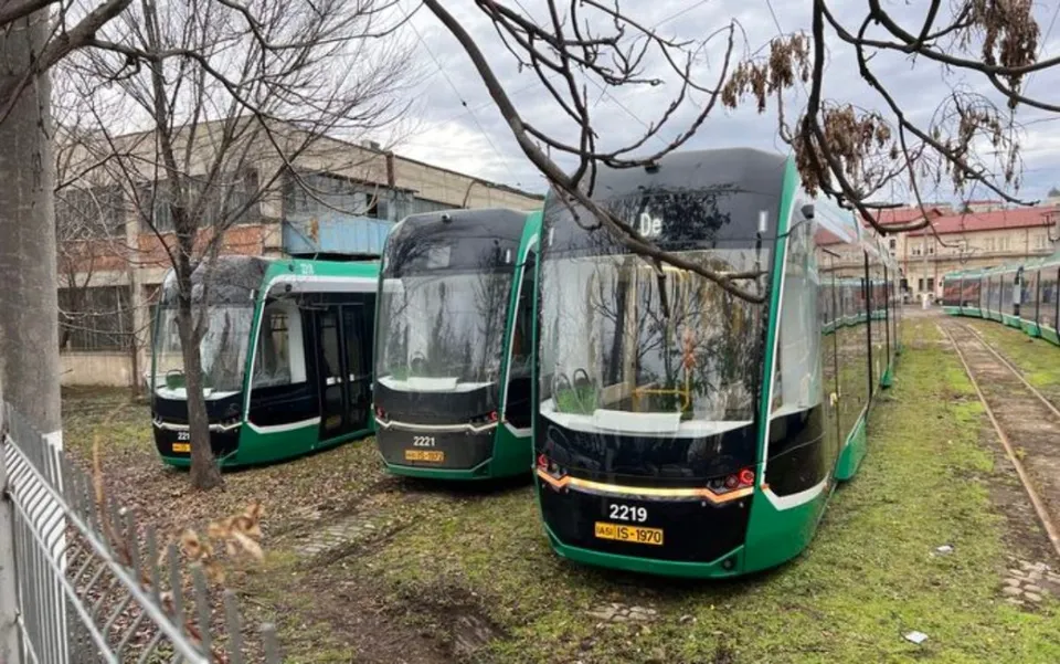 Trei tramvaie verzi și negre sunt parcate pe o cale ferată lângă un gard și un copac fără frunze sub un cer înnorat.