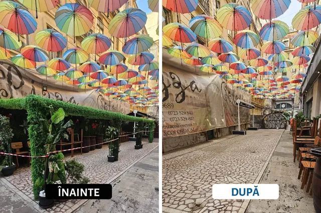 Două fotografii comparativ prezintă un spațiu cu o terasă acoperită de umbrele colorate și un spațiu liber cu pavaj de piatră.
