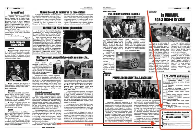 Pagina unui ziar cu mai multe articole text, fotografii în alb-negru și un desen de un fascicul de tuburi metalice.