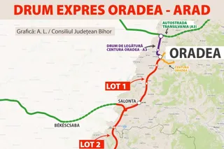O hartă cu linii colorate verzi și roșii pe un fundal de teren, indicând trasee și locații precum Oradea, Salonta și Békéscsaba.