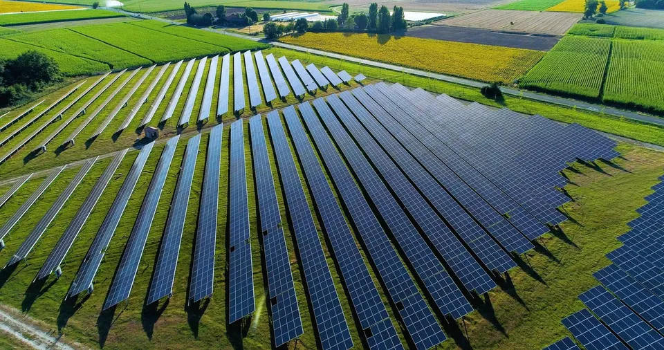 Aerial view of a large solar park with neat rows of blue photovoltaic panels installed on green grass, surrounded by agricultural fields.