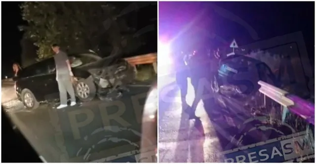 Două fotografii de noapte surprind autoturisme avariate pe marginea unui drum, lângă care se află persoane în picioare sub lumini puternice.