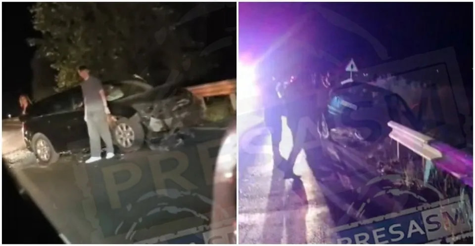Două fotografii de noapte surprind autoturisme avariate pe marginea unui drum, lângă care se află persoane în picioare sub lumini puternice.