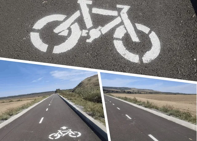 Colaj cu marcaje de bicicletă pe asfalt și piste separate, într-un peisaj deschis.