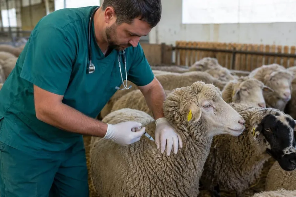 Un bărbat cu halat verde și stetoscoapă injectează un miel într-un coteț cu animale.