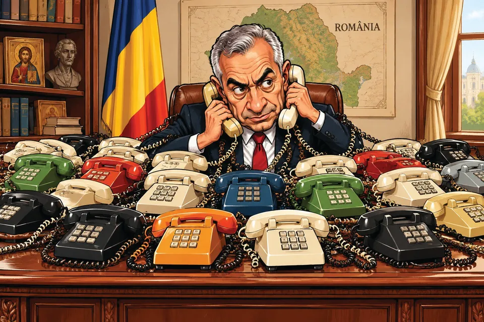 Un bărbat cu părul cărunt stă la un birou plin de telefoane cu disc și cabluri întrepătrunse, în fața unui fundal cu o hartă.